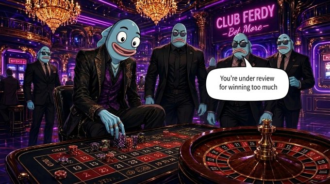 An AI-generated image depicting blue cartoon fish characters in suits at a casino table labeled 'CLUB FERDY', with a speech bubble reading 'You're under review for winning too much'.