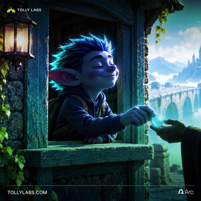 A 3D rendered fantasy character with blue spiky hair and pointed ears smiles while exchanging a glowing blue orb through a stone window, branded with 'TOLLY LABS' and 'AArc' logos.