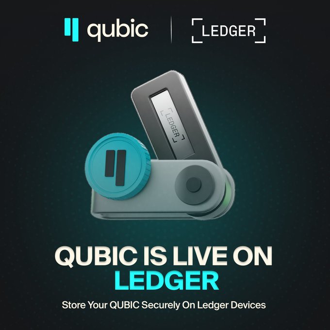 The image announces Qubic's integration with Ledger, featuring a Ledger hardware wallet alongside a cyan Qubic coin, with the prominent text "QUBIC IS LIVE ON LEDGER" reinforcing the post's announcement that $QUBIC now offers self-custody support on one of the industry's most trusted hardware wallet providers.