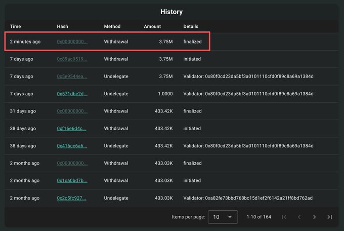 A transaction history table displays various crypto withdrawals and undelegations, with the top entry highlighted in red showing a 3.75M withdrawal finalized 2 minutes ago.