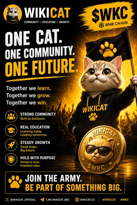 A promotional poster for WikiCat ($WKC) on BNB Chain features an orange tabby cat wearing a "WIKICAT" hoodie and holding a paw-print flag, alongside a gold $WKC coin with sunglasses. The ad highlights slogans like "ONE CAT. ONE COMMUNITY. ONE FUTURE." and core values (Strong Community, Real Education, Steady Growth, Hold with Purpose), tying directly to the post's message that $WKC is a movement of believers, not just a meme.