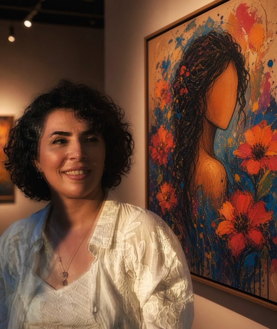 A woman with curly dark hair and a white blouse smiles while standing next to a colorful abstract painting of a figure surrounded by flowers in what appears to be an art gallery.