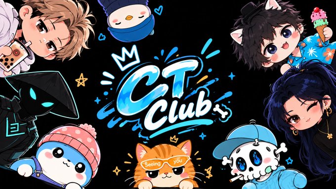 A black promotional banner for 'CT Club+' features various cartoon characters, including chibi-style anime figures and cute mascots, surrounding the stylized logo.