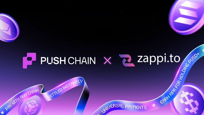The image depicts an advertisement for a cryptocurrency called "Zappi". It features a purple ribbon floating in space with floating Bitcoins attached to it. Below this scene, there's text that reads "PUSH CHAIN XCHANGED USDC ... Someone sends usdc on Base but I need it on a different network and suddenly I'M juggling bridges, gas fees and waiting games Zappi finally made that headache disappear I just create a payment link, share". The colors used in the image are purple for the ribbon and Bitcoin coins, green for the sky, and blue for the stars.