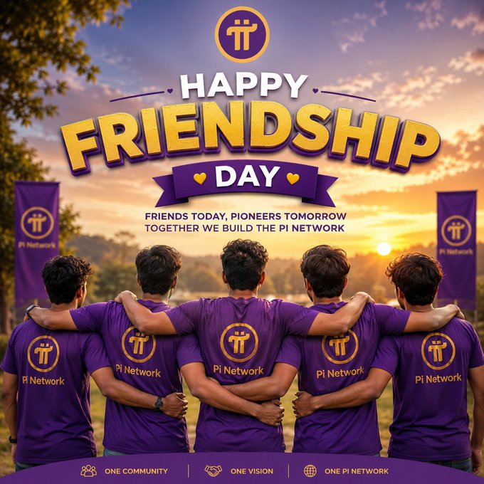 'Happy Friendship Day' graphic for Pi Network showing five people from behind wearing purple Pi Network shirts, with the tagline 'Friends Today, Pioneers Tomorrow, Together We Build the Pi Network.'