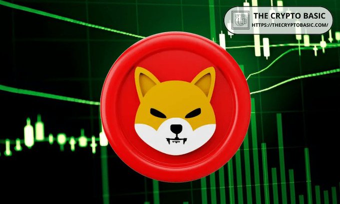 A red Shiba Inu (SHIB) coin sits prominently in front of a green candlestick chart, visually representing the massive 1.16 trillion SHIB token transfers by Coinbase, with "THE CRYPTO BASIC" watermark and source link displayed in the upper right corner.