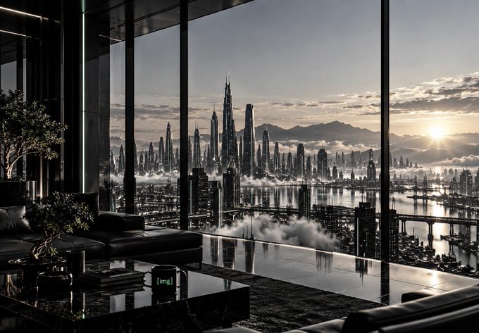 A view from inside a modern luxury apartment looking out floor-to-ceiling windows at a futuristic city skyline with skyscrapers rising above clouds at sunset, with a dark coffee table and a digital clock in the foreground.