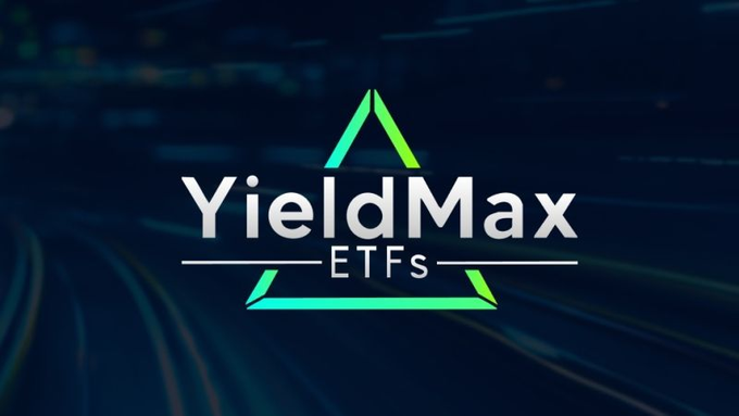 A logo for 'YieldMax ETFs' displayed over a dark blue background with light streaks.