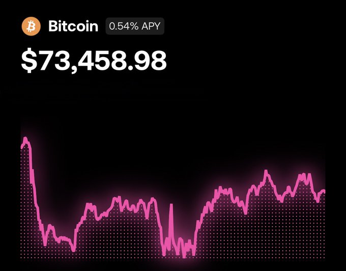 The image shows a screenshot of a stock chart with Bitcoin at the top, displaying its price as $73.45. There's also a line chart showing a downward trend for Bitcoin prices over time. The text below the charts reads "Bitcoin is on sale!", suggesting that the Bitcoin market may be experiencing a decrease in value or a drop in demand, which could indicate a potential investment opportunity for those interested in cryptocurrency trading.