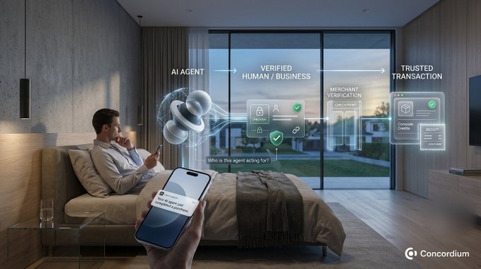A Concordium advertisement showing a man on a smartphone in a modern bedroom, with overlaid graphics depicting an AI Agent flow leading to 'Verified Human/Business,' 'Merchant Verification,' and 'Trusted Transaction' for a purchase of 45.00 DKK at Copenhagen Airport.