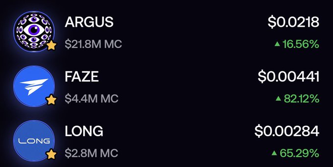 A cryptocurrency price tracker displays three "Arc Chain" tokens—$ARGUS at $0.0218 (+16.56%), $FAZE at $0.000441 (+82.12%), and $LONG at $0.000284 (+65.29%)—with market caps ranging from $2.8M to $21.8M, illustrating the post's claim that Arc Chain coins are rallying, particularly highlighting $FAZE and $ARGUS as the top contenders to become the "$PONS of Arc."