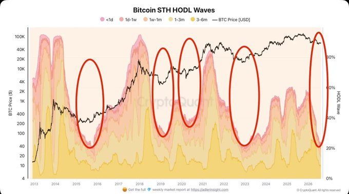 The image is a "Bitcoin STH HODL Waves" chart from CryptoQuant (dated 2026) showing BTC price in USD plotted against short-term holder supply bands (<1d, 1d-1w, 1w-1m, 1-3m, 3-6m), with red ovals highlighting how short-term supply shrinks during late bear markets like 2015-2016, 2018-2019, and 2022 — aligning with the post's note that weak hands are running out of coins near 2016 levels.