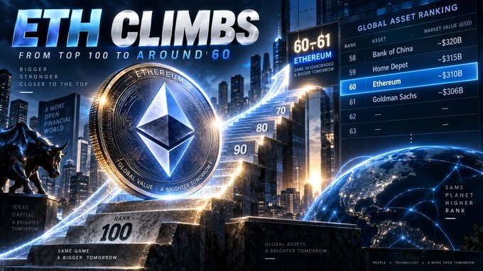 Infographic titled 'ETH CLIMBS FROM TOP 100 TO AROUND 60' showing Ethereum's market value ($306B) ranking alongside Bank of China, Home Depot, and Goldman Sachs.