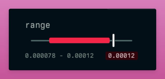 A digital slider labeled "range" displays a value of 0.00012 on a scale of 0.000078 - 0.00012, illustrating the LP farmer's anxiety as the price sits at the edge of the range, risking an out-of-range position that would pause fee earnings until rebalancing or price recovery.