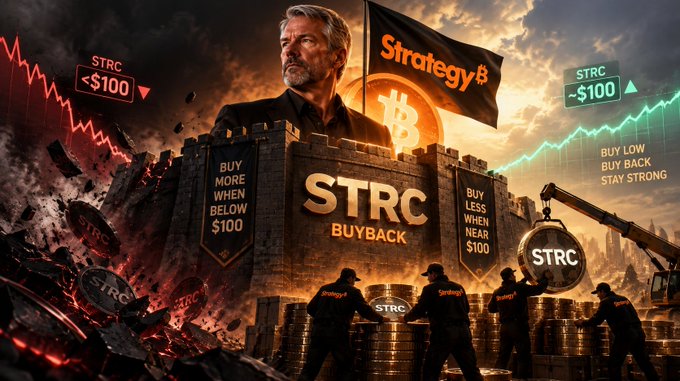 Dramatic AI-generated promotional graphic for 'Strategy8' (STRC) featuring Michael Saylor holding a Bitcoin flag atop a fortress labeled 'STRC BUYBACK', with slogans 'BUY MORE WHEN BELOW $100', 'BUY LESS WHEN NEAR $100', and 'BUY LOW BUY BACK STAY STRONG'.
