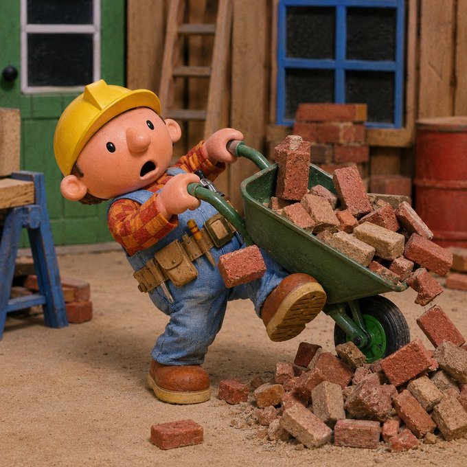 A figurine of Bob the Builder, wearing his signature yellow hard hat and tool belt, struggles to lift a wheelbarrow overflowing with bricks that have spilled across a sandy construction site. The image directly ties to the bullish $BOB pitch by showcasing the iconic, beloved children's character whose massive preschool market share and toy sales success the memecoin aims to capitalize on.