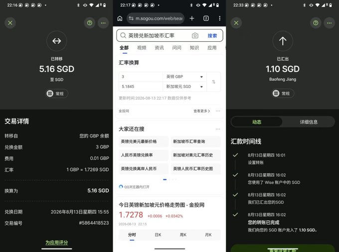 Three mobile screenshots show a Wise money transfer confirmation for 5.16 SGD, a Sogou search for GBP to SGD currency conversion, and a transfer timeline.