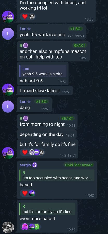 A screenshot of a Discord chat where users discuss being too occupied with 'beast' and working, with one user replying 'nah not 9-5' and another calling it 'Unpaid slave labour'.