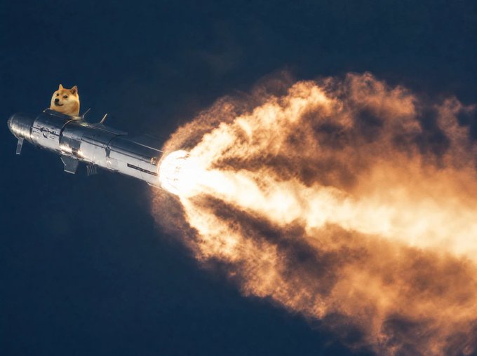 The image features a large rocket ship with a dog sitting inside, which appears to be emitting a bright orange flame or fire coming out of its nose. The caption below the image reads "Next stop: NEW ATH", indicating that the rocket is about to embark on a new mission or journey.