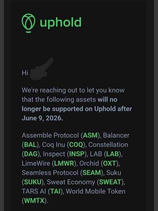 The image shows an email from Uphold that has been sent to its users. The email contains information about the company's decision to drop support for a specific token, as well as some other tokens. It also mentions that there are several other tokens on this list that might surprise their users. The main focus of the email is to inform users about these changes and encourage them to make informed decisions regarding their investments in the listed tokens.