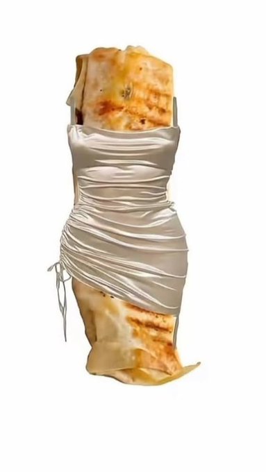 An AI-generated or surreal image of a dress whose fabric appears to be made of flatbread or crepes wrapped around a dress form.