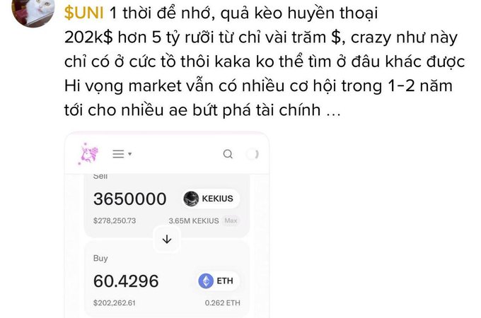 The image shows a white background with a photo of a phone displaying a conversation between two people, one of whom is talking about ether tokens or crypto-assets like Keikius, which are known for its involvement in Bitcoin transactions. The person at the top of the photo has just posted the message on social media using the hashtag #bitcoin, indicating their interest or enthusiasm about the subject.