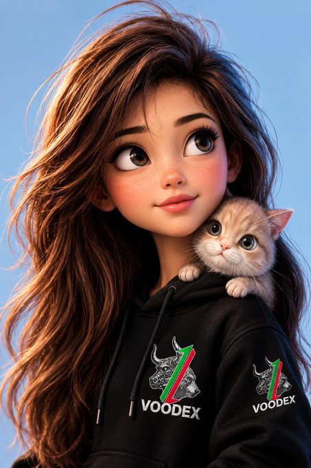 A 3D-animated style illustration of a young woman with long brown hair holding an orange and white kitten, wearing a black hoodie featuring 'VOODEX' logos with a bull graphic.