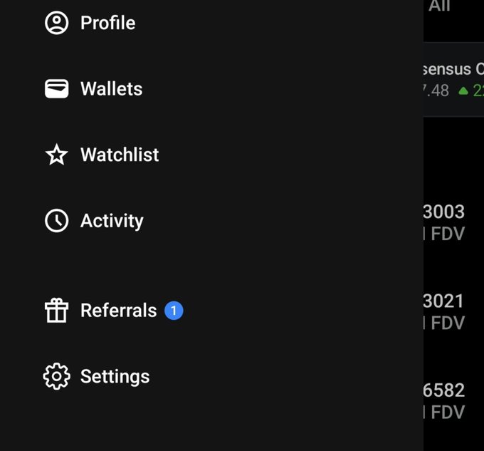 A dark navigation menu sidebar showing options for Profile, Wallets, Watchlist, Activity, Referrals (with 1 notification), and Settings, alongside cryptocurrency data showing 'esensus' and FDV figures.