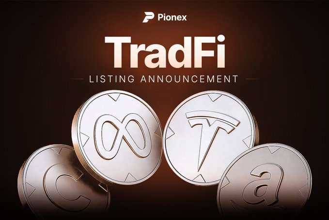 A promotional graphic from Pionex announcing 'TradFi LISTING ANNOUNCEMENT' featuring stylized metallic coins with infinity and T symbols.