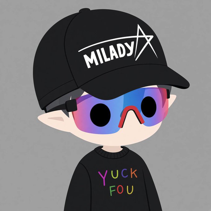 A cartoon figure wearing a black "MILADY" cap and gradient sunglasses sports a sweater reading "YUCK FOU," visually riffing on the Milady Maker NFT cult aesthetic referenced by the post.