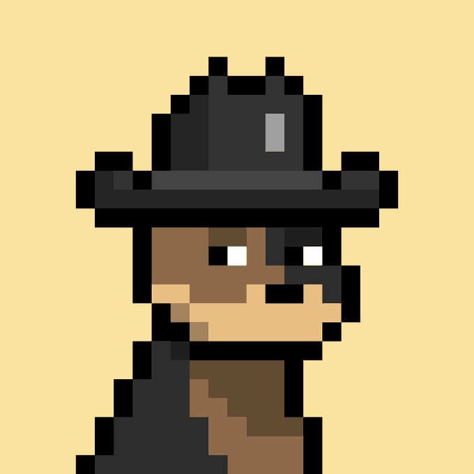 A pixel art character wearing a wide-brimmed black hat and dark cloak, presented in a Doginals-style Doginal Dogs pixel aesthetic on a pale yellow background, accompanies the sale listing for Doginal Dog #3812.