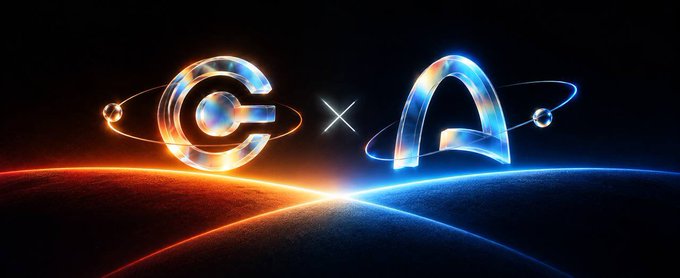 A cosmic-themed graphic showing two metallic logos connected by an 'x' symbol, representing a partnership between two crypto or tech entities.