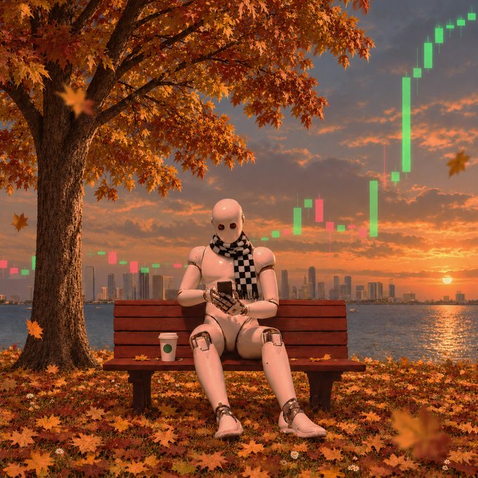 A humanoid robot sits on a park bench beside autumn foliage and a waterfront cityscape at sunset, holding a smartphone next to a coffee cup, with a rising candlestick stock chart glowing green across the sky—blending the cozy seasonal atmosphere with AI-driven finance trading.