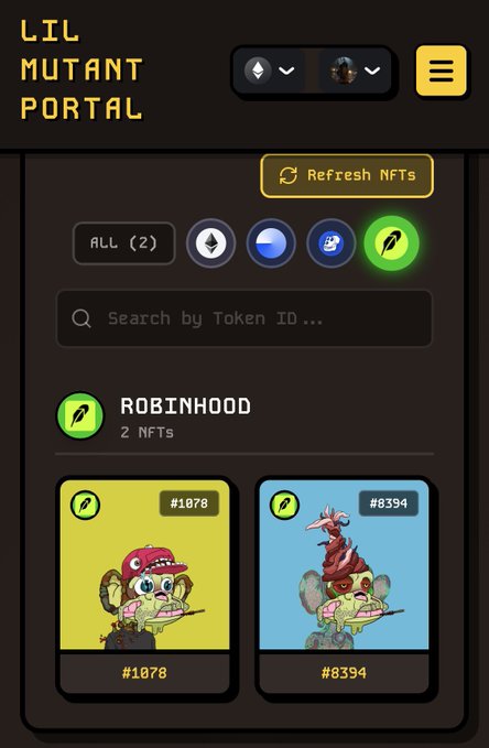 A mobile screenshot of the "LIL MUTANT PORTAL" displays two Robinhood NFT collectibles (#1078 and #8394), featuring mutant rat characters with baseball hats and mohawks holding paintbrushes.