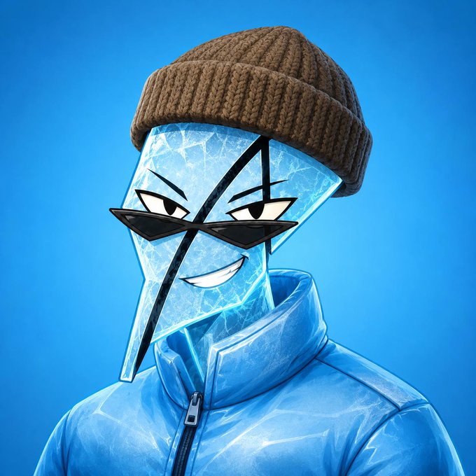 Digital artwork of a stylized icy blue character wearing a brown beanie and black sunglasses against a solid blue background.