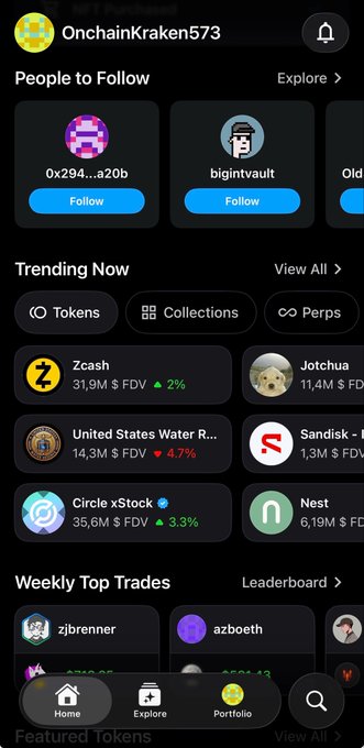 The image shows a mobile app interface, likely a crypto or NFT trading platform, featuring sections for "People to Follow," "Trending Now" (including Zcash, Jotchua, Circle xStock, and United States Water R), "Weekly Top Trades" (with zjbrenner and azboeth), and a "Featured Tokens" header. The "Weekly Top Trades" section displays user "zjbrenner" at the top, which directly connects to the post mentioning @zjbrenner from OpenSea reaching out to help resolve an account issue.