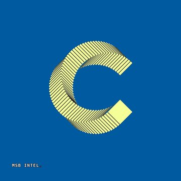 A minimalist graphic design featuring a large letter 'C' made of striped yellow patterns on a solid blue background, with 'MSG INTEL' text in the bottom left corner.