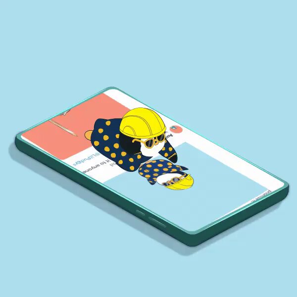 The image features a cell phone with a cartoon character wearing a hard hat, which appears to be a construction worker. The cartoon character is sitting on top of a building or a bridge, giving an impression that they are at a low point. The background color of the image is blue, and there's text in the image that reads "You see $ETH at a low point, I see a potential new @LilPudgys or @pudgypenguins in my @opensea app". This suggests that the cartoon character might be related to construction work or an industry where $ETH is used. The presence of this character and its connection to the text indicate that it could be part of a social media post, advertisement, or some other form of digital content.