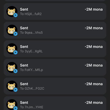 A screenshot displays multiple transaction notifications, each showing "Sent" transfers of "-2M mona" to various wallet addresses (HSJX...fuR2, 9qea...Vhs5, 3yyE...XgRL, FoKY...MLp, GZhK...FG2C, 7hJm...YHE). This visual evidence supports the promotional claim that "Every wallet gets 2,000,000 $MONA" in the Monacoin presale.