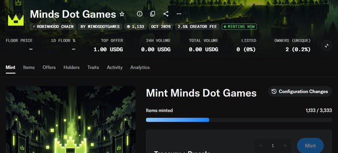 A webpage for 'Minds Dot Games' showing an NFT minting interface on the Robinhood Chain with 1,133 of 3,333 items minted, displaying a pixel-art style game graphic.