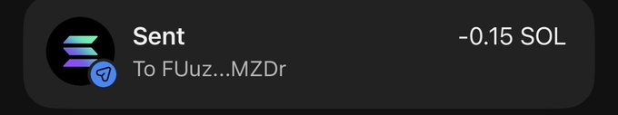 A digital wallet notification showing 'Sent -0.15 SOL' with a Solana logo to the address 'FUuz...MZDcr'.