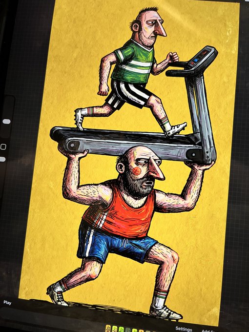 A digital illustration on a tablet screen shows a cartoon-style man in a green shirt running on a treadmill held above the head of another muscular man in a red tank top.