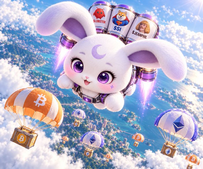 A fluffy white bunny with purple jetpacks—adorned with "$LOBSTER", "SSI", and "S.JEANPHIL" cans—flies over a coastal landscape alongside parachutes branded with Bitcoin and Ethereum logos, symbolizing the rising meme coins amid a broader market dip as described in the caption.
