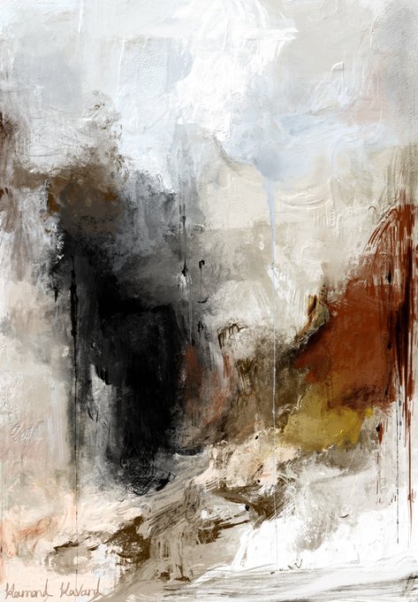 An abstract painting in gray, black, brown, and yellow tones, signed 'Hannah Kavanagh' in the bottom left corner.