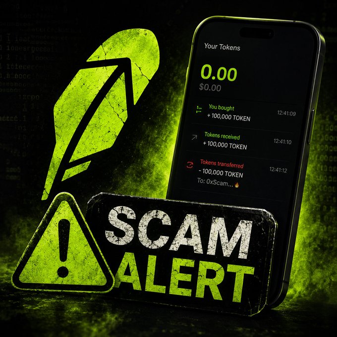 A green and black graphic warning of a 'SCAM ALERT' featuring a large upward arrow, a warning triangle, and a smartphone screen showing token transactions including 'You bought + 100,000 TOKEN,' 'Tokens received + 100,000 TOKEN,' and 'Tokens transferred - 100,000 TOKEN To: 0xScam...'