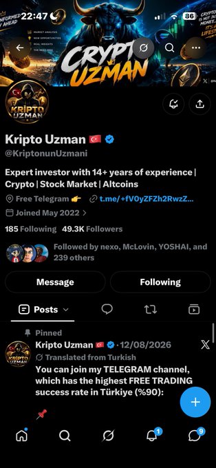 A Twitter/X profile page for 'Kripto Uzman' (@KriptonunUzmani), an expert investor account focusing on Crypto, Stock Market, and Altcoins, with a pinned post inviting users to join a Telegram channel.