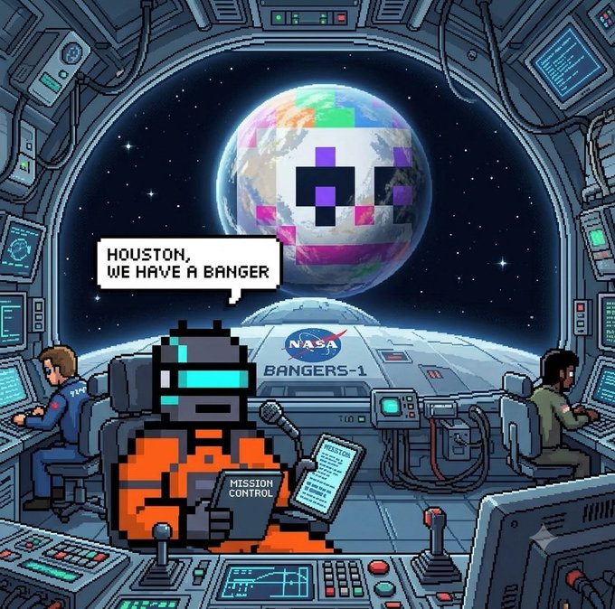 A pixel art illustration shows a mission control room where an astronaut says 'HOUSTON, WE HAVE A BANGER' while looking at an Earth-like planet covered in NFT characters, labeled 'NASA BANGERS-1'.