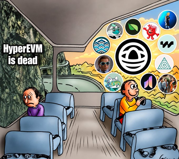 A cartoon depicts “HyperEVM is dead” on the left, while a Hyperliquid-themed vehicle carries a smiling character surrounded by crypto project logos, including Hyperliquid’s distinctive “H” emblem. It illustrates the post’s message that HyperEVM has been replaced by Hyperliquid.