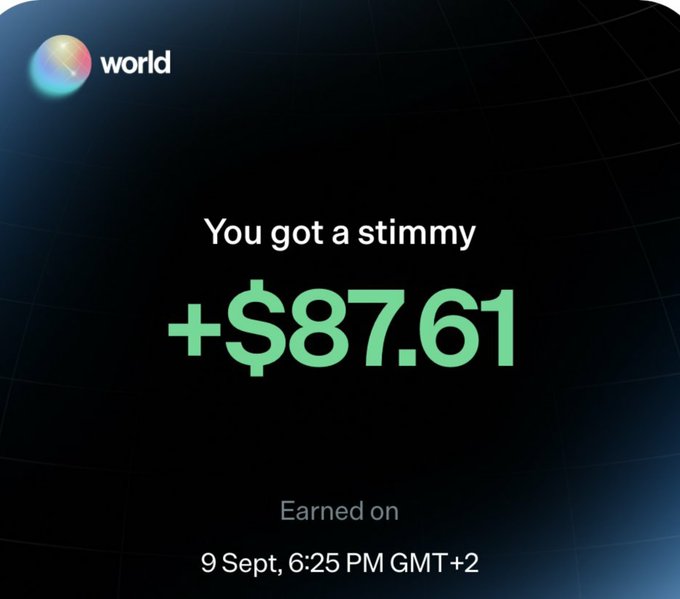 A screenshot from the World app showing a notification "You got a stimmy +$87.61" earned on 9 Sept, 6:25 PM GMT+2.