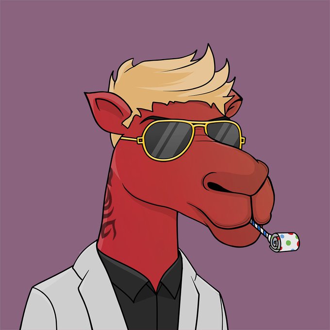 A cartoon illustration of a red camel with blonde hair, gold-rimmed sunglasses, and a white blazer over a black shirt, smoking a rolled cigarette with a purple background.